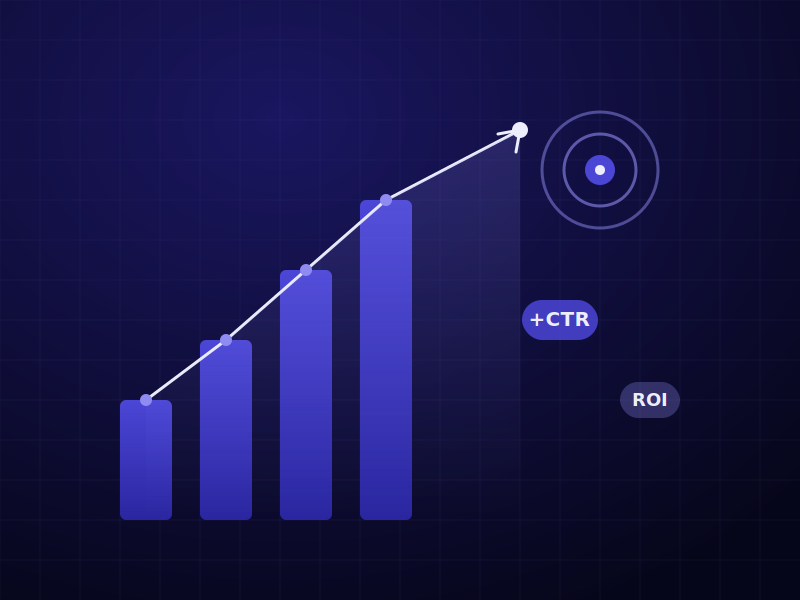 Megabyte Software reklam danışmanlığı — yükselen performans grafiği, hedef ve dönüşüm göstergeleriyle dijital reklam yönetimi